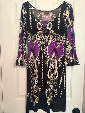 Muse Purple, Black & Cream Floral Long-Sleeve Shift Dress